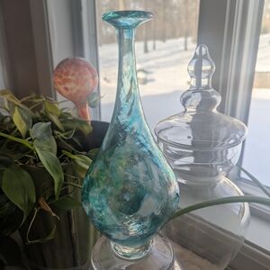 LC ROFF Vase Hand Blown Glass Teardrop Signed Swirls 9” Tall Aqua